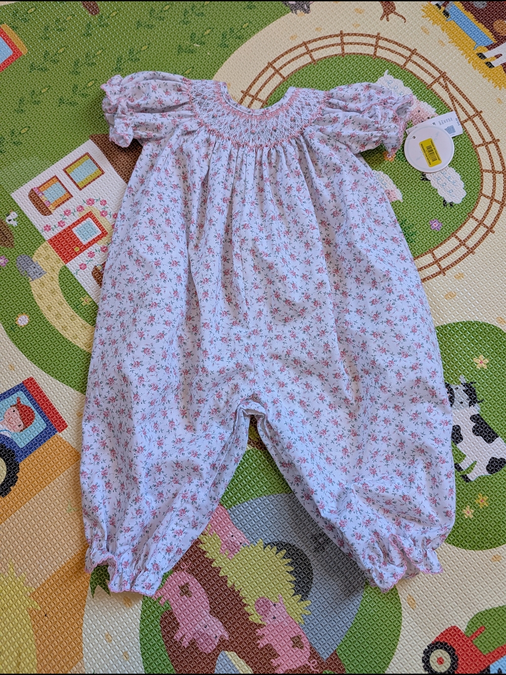 Edgehill Collection White Floral Smocked Baby Romper with Pink Roses